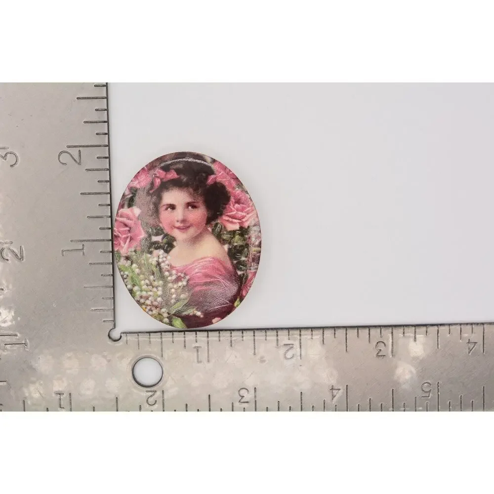 Vintage Porcelain Pin Brooch Girl Picture Screen Print Oldie Colorful 90s BinAT